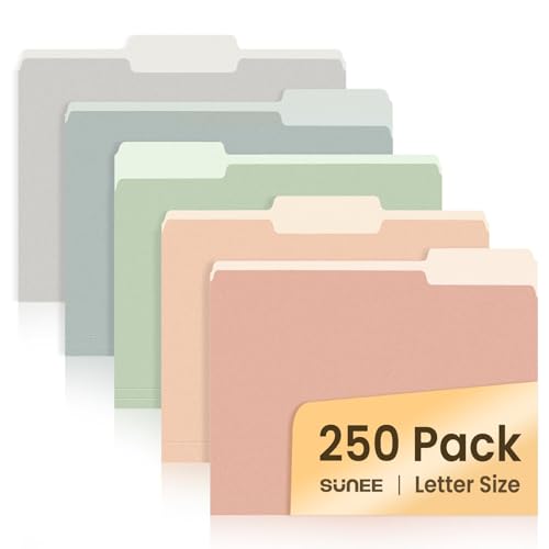 SUNEE File Folders Letter Size Pastel Colors, 250 Pack Manilla Folders 8.5 x 11 1/3-Cut Tabs, Colored File Folders Office Home School for Documents Files Paper