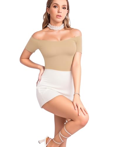 Image of MANGOPOP Off The Shoulder Short Sleeve Bodysuit for Women, Mocha, XX-Large