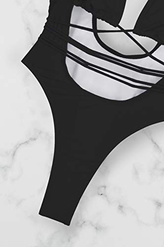 Sovoyontee Women's Black High Cut One Piece Bathing Suit String Thong Bikini Swimsuit Low Back Monokini L #TOP4