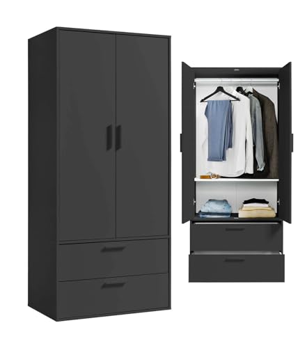 mokebo Kleiderschrank 'Der Kleiderheld' (80x180x51 cm) mit 2 Schubladen und 2 Einlegeöden, Garderobenschrank, Flurschrank o. Schrank für Schlafzimmer oder Ankleidezimmer aus Holz in Schwarz