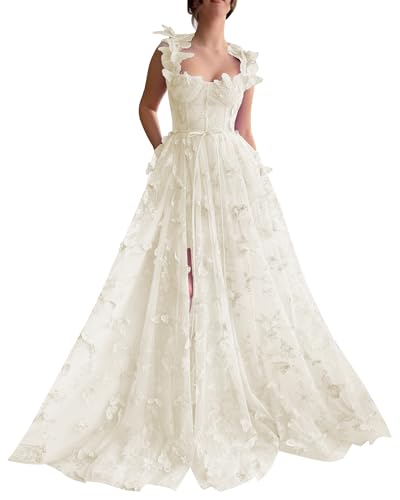 Robe de soirée haute couture en tulle brodé de papillons 3D et dentelle ivoire