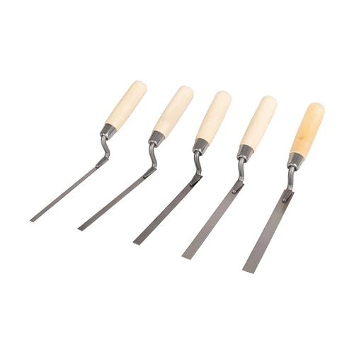 5 PCS Professional Masonry Tools, Tuck Pointer Trowel Set, 1/4’’, 5/16’’, 3/8’’, 1/2’’, 9/16’’ Tuck Pointing Trowel Brick Jointer Cement with Wood Handle, Mortar Repair for Tuck Pointing