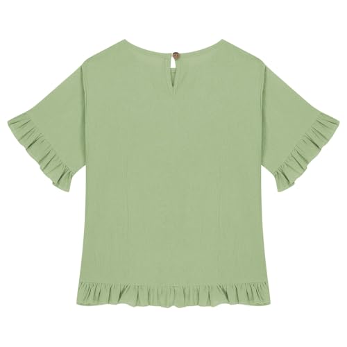 Girls Summer Tops 3/4 Sleeve Cotton Linen Ruffles Crew Neck Shirts Blouse Solid Loose Oversized Girls Undershirts Tops4