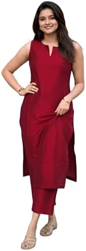 ANNI Designer Women's Rayon Viscose Solid Straight Kurta with Palazzo (RIMPY RED_S_RED_Small)