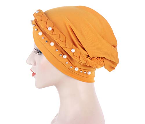Fxhixiy Women Hijab Beading Pearl Braid Turban Hat Head Scarf Cancer Chemo Beanies Bandana Headwrap Cap (Yellow) - Thumbnail 6