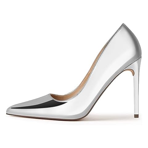 Women's Pumps Slip On High Heels with Pointed Toe 4.1 Inch Stiletto Bridal Party Dress Heels for Casual,Lucy-Silver Pu-11 Cover