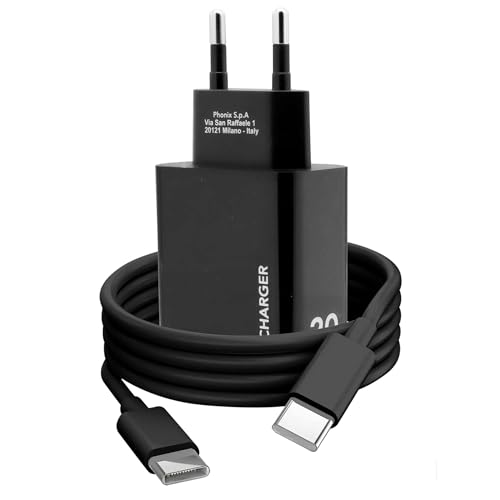 Caricatore USB C per Samsung Huawei Xiaomi e Smartphone Android 20W con Cavo Type C PHONIX Italia - Alimentatore Caricabatterie Ricarica Rapida e Cavo Tipo C 1m (Nero)