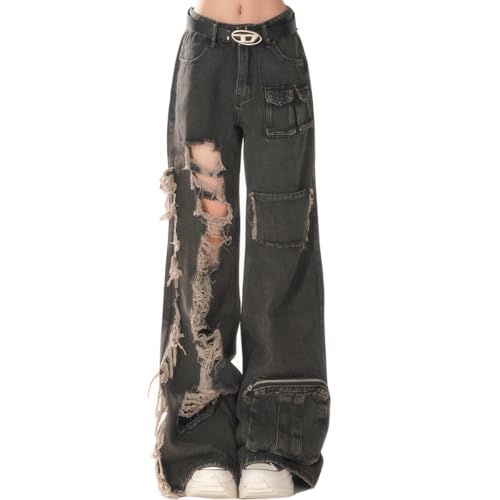 Fashion High Waist Baggy Wide Leg Fringe Ripped Jeans Y2K Vintage Casual Straight Denim Pants with Pocket