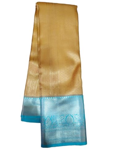 Mamtha Handloom Gadwak Silk Mustered Yellow with Sky Blue Kanchipuram Silk with Full Gold Zari Floral Brocade