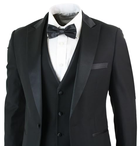 Mens 3 Piece Black Classic Satin Tuxedo Dinner Suit Tailored Fit Wedding Prom