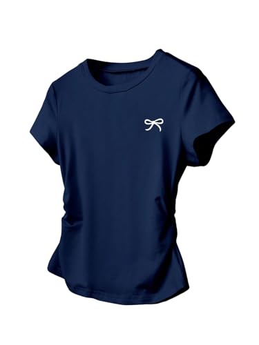 SHENHE Girl's Cute Bow Shirt Graphic Crew Neck Ruched Fitted Short Sleeve Crop Tee Top