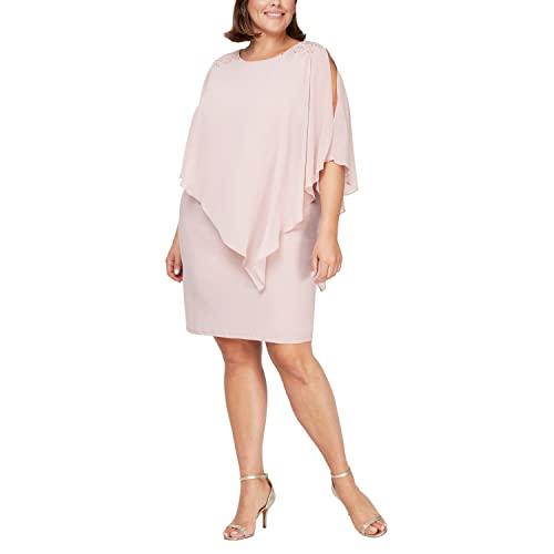 S.L. Fashions Women's Plus Size Short Sheath Beaded Overlay Capelet Dress, Faded Rose, 20W