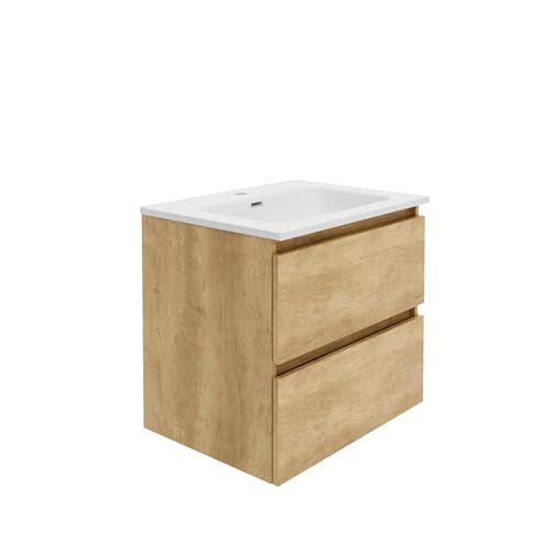 Baikal Mueble de Baño Rubi. Mueble MONTADO. 2 Cajones Suspendido con Lavabo. Armario de Baño. Lavabo Ceramico. Cierre Amortiguado. Altura 55cm. 70cm Nature.