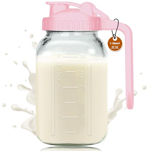 Image of Glass Pitchers with Lid and Handle, 32oz Breast Milk Pitcher, 1 Quart Wide Mouth Mason Jar, Leak-proof Glass Water Pitcher, Creamer Container for Cold Brew, Sun Tea, Juice, Iced Coffee-Pink/1 Pack