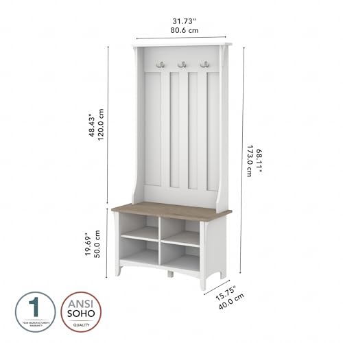 Image of Bush Home Salinas Hall Tree with Shoe Storage Bench in Shiplap Gray and Pure White, Multi-Purpose Home Organizer, Entryway Solution with Seating and Hooks