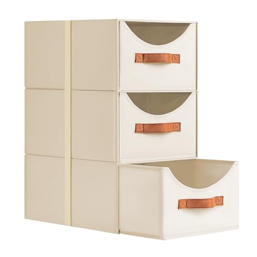 Homsorout Wardrobe Storage Organiser - Foldable Stackable Storage Drawers Box Fabric Storage Baskets for Clothes Organization Shelves Bedroom Living Room Beige Set of 3