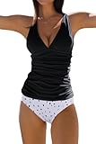  Beachsissi Damen Süßem Blumendruck V Ausschnitt und Bauchkontrolle Tankini Sets, Schwarzer Punkt, M