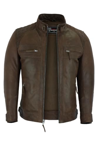 Vance Leather' Men's Cafe Racer Waxed Lambskin Austin Brown Motorcycle Leather Jacket