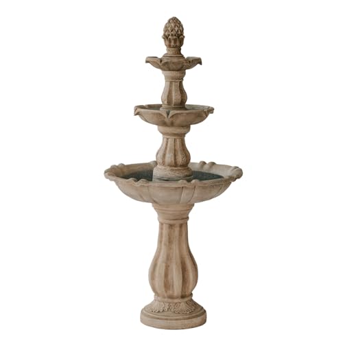 XBrand 3-Tier Water Fountain w/Pump & Pineapple Top, 51 Inch Tall, Beige, Large Outdoor Freestanding Waterfall Decor, Ideal for Garden, Porch, and Lawn