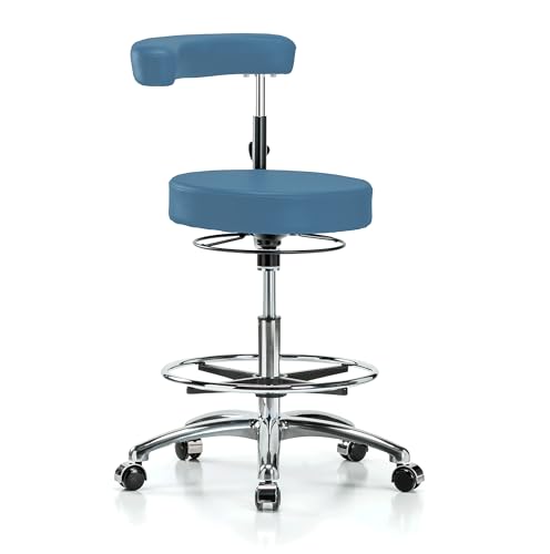 Image of Perch Chrome Rolling Dental Stool Adjustable Height with Procedure Arm and Foot Ring | Medium Bench Height 22.5-28 inch | Colonial Blue Vinyl