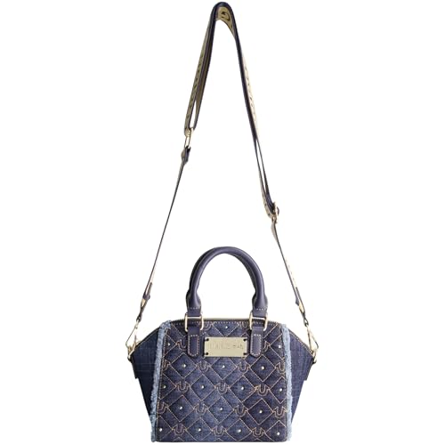 True Religion Women's Satchel Bag, Frayed Denim Crossbody Handbag Purse with Adjustable Shoulder Strap, Denim