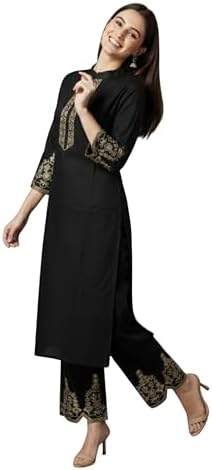 SHANTVAN GALLERY Kurti Set for Women Roman Silk Straight Kurta with Pant Embroidered Kurti Pant Set Women Kurta Set with Straight Pants Ethnic Wear for Office Casual Wear (in, Alpha, L, Black)