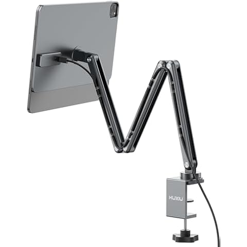 KU XIU Magnetic Wireless Charging Stand for iPad Pro 13" M4 (2024) Only, Aluminum Alloy Arm Mount 360° Adjustable Tablet Holder for Working, Three-Section Foldable Desktop Stand with 2M USB C Cable Cover