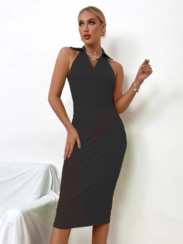 Image of Sugathari Solid Women V-Neck Ribbed Knit Sleeveless Bodycon Dress (MIDI 103)