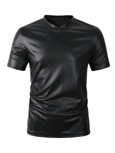WDIRARA Men's PU Leather Short Sleeve T-Shirt V-Neck Ruched Party Top