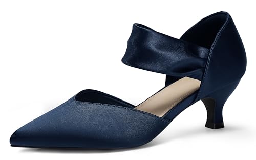 Womens Low Kitten Heels Pointed Toe Slip on Pumps Ankle Strap Elegant Party Wedding Dress Shoes