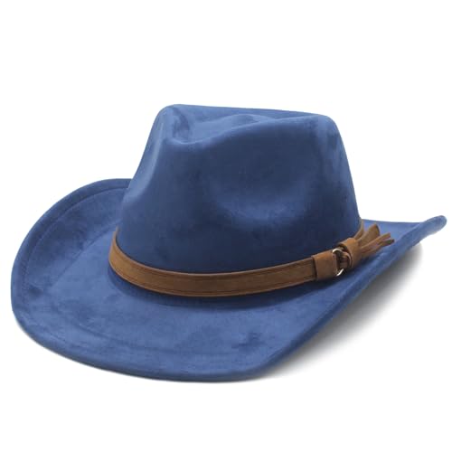 Image of Unisex Western Suede Cowboy Cowgirl Hat Classic Wide Brim Fedora Hat for Men &Women
