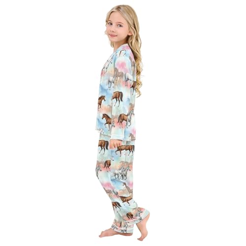 Image of Satin Pajama Sets Short Sleeve Horses Running on Colorful Button Down Silky Nightwear 2 Piece PJS 5-14Y