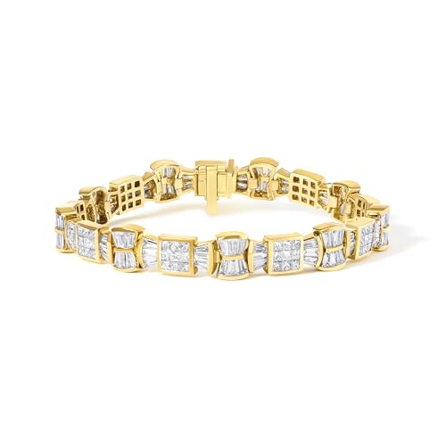 14K Yellow Gold 9 7/8 Cttw Princess and Baguette Diamond Bow and Box Link Tennis Bracelet (G-H Color, VS1-VS2 Clarity) - 7" Inches