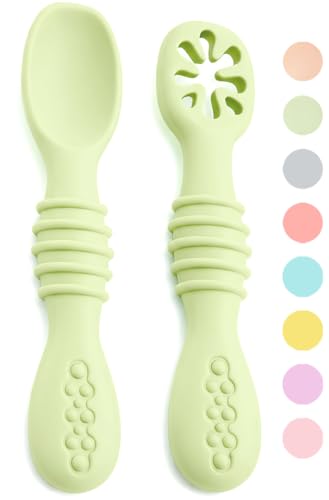 VegMai® PreCuillères pour bébés. Cuillères BLW d'apprentissage, étape 1 + étape 2. Recommandées par les nutritionnistes et les experts BLW. Couverts en silicone antibactérien et ergonomiques.(VERT)