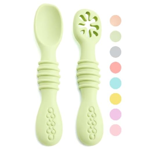 VegMai® PreCucharas Para Bebes. Cucharas BLW De Aprendizaje, Etapa 1, Etapa 2. Recomendada Por Nutricionistas Y Expertos Baby Led Weaning. Cubiertos De Silicona Antibacteriana Y Ergonómicos. (VERDE)