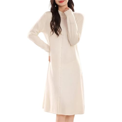 Damen Halb Hoher Ausschnitt Kleid Solide Wolle Strickkleid Langes Pulloverkleid, weiß, XL