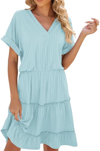 Image of PerZeal Women's Casual V Neck Short Sleeve Tiered Dress Ruffle Hem A-Line Flowy Swing Midi Dresses