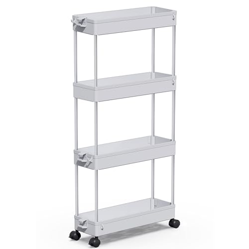 SPACEKEEPER Slim Rolling Storage Cart 4 Tier Bathroom Organizer Mobile Shelving Unit Storage Rolling Utility Cart Tower Rack for Kitchen Bathroom Laundry Narrow Places, Gray by SPACEKEEPER - Used condition - US$26.81