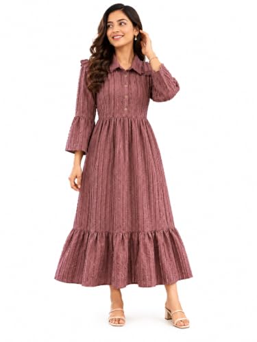Image of Ayli Women's Textured Long Frock | Full Sleeve Maxi Frock | Tiered A-Line Dress for Casual, Office