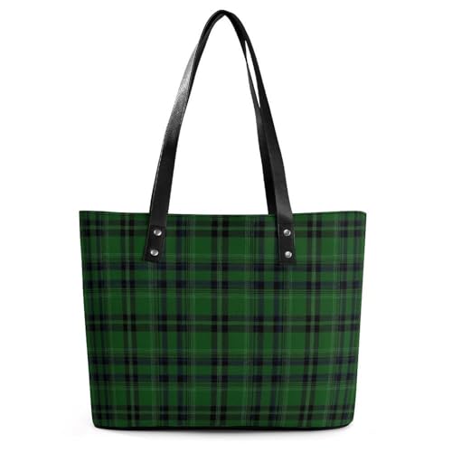 Womens Fashion Tote Bag Shopping Casual Leather Handbag For Daily Use black Green Scottish Tartan Plaid art