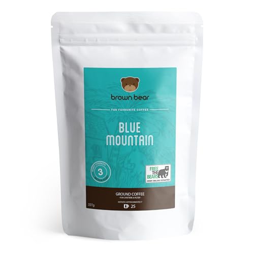 Blue Mountain Medium Roast Ground Coffee 227g - Ideal for French Press Cafetiere Filter Drip V60 Aeropress - Brown Bear - Strength 3 - Donation to Free The Bears - 100% Arabica