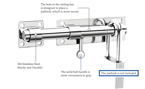 Litensh Torriegel Torschieber mit Loch für Vorhängeschloss 304 Edelstahl 12 mm Schieberiegel Durchmesser Abschließbare Türriegel Bolzenriegel Überwurfriegel Schlossriegel (160MM Stainless Steel)