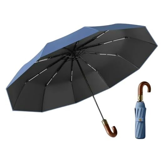 Gyios Umbrella 30-Rib Windproof Automatic Folding Umbrella for Men Reinforced High Performance Golf Umbrella with Curved Wooden Handle Blue 125 cm