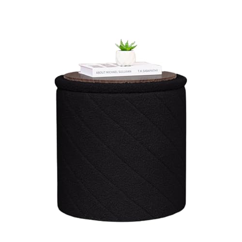 Bonlife Sgabello rotondo Ottoman con vano portaoggetti, sgabello pieghevole con coperchio, sgabello Bouclé per toeletta per soggiorno, camera da letto, zona d'ingresso, Nero, 43x43x45 cm