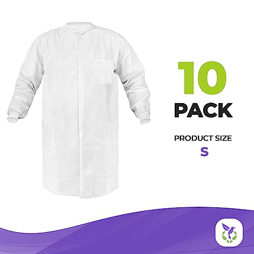 Amz Medical Supply Disposable Lab Coats For Adults Small. White Medical Disposable Clothing 10 Pack. Splash-Proof Sms 40 Gsm Lab Coats Disposable With Long Sleeves, Knit Collar, Cuffs, 3 Pockets #TOP1