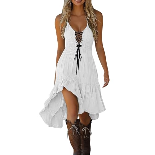 Womens Medieval Dresses Vintage Cowgirl Dress Lace Up V Neck Spaghetti Strap Overdress Casual Sleeveless Ruffle Dresses High Low Hem Outfit Halloween Western Clothes Fashion 2025
