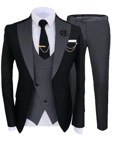 Setwell Formal Suits for Men Wedding Slim Fit 3 Piece Dress Business Elegant Party Jacket Vest & Pants Charcoal Grey