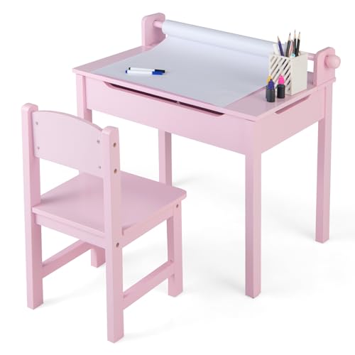 GYMAX Kids Desk and Chair Set, Wooden Children Art Table with Storage Space, Paper Roll and Markers,...