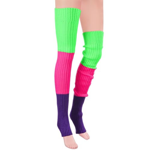 Littleforbig Thigh High Bright Color Blocked Novelty Knit Stacked Extra Long Over The Knee Knitted Stirrup Stockings - Green & Red & Purple3