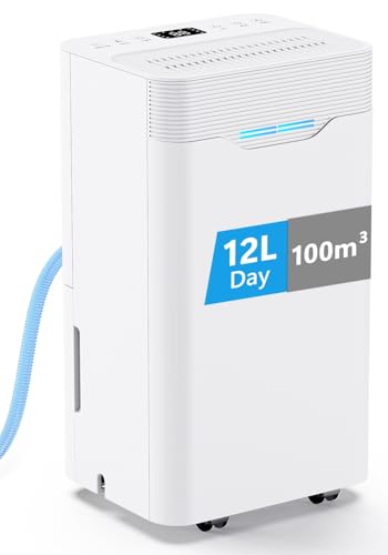 Deumidificatore Casa Muffa 12L/24h, Deumidificatore Portatile Silenzioso per Ambienti Fino a 100 m³, 3 Modalità, Timer 24H, Deumidificazione Automatica Smart, Drenaggio Continuo, Asciugatura Vestiti